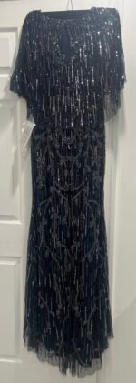 Mac Duggal 9064 Sz 4 Blue Embellished Cape Sleeve Dress Faux Wrap Trumpet Gown - Image 6