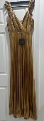 Mac Duggal Size 4 Gold 26609 Metallic Pleated Maxi Gown Dress Cocktail Prom NWT - Image 5