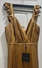Mac Duggal Size 4 Gold 26609 Metallic Pleated Maxi Gown Dress Cocktail Prom NWT - Image 7