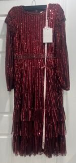 MAC DUGGAL Size 16 Burgundy 23003 LONG SLEEVE RUFFLE Tier SEQUIN Midi DRESS - Image 5