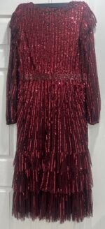 MAC DUGGAL Size 16 Burgundy 23003 LONG SLEEVE RUFFLE Tier SEQUIN Midi DRESS - Image 6