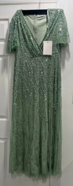Mac Duggal 35109 Sz 14 Sage Green Flutter Sleeve Sequin Evening Gown - Image 5