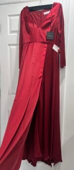 Ieena Mac Duggal 26613 Sz 10 Wine V Neck Long Sleeve Satin Gown - Image 4
