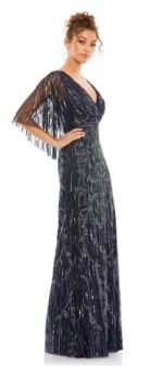 Mac Duggal 9064 Sz 4 Blue Embellished Cape Sleeve Dress Faux Wrap Trumpet Gown