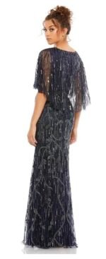 Mac Duggal 9064 Sz 4 Blue Embellished Cape Sleeve Dress Faux Wrap Trumpet Gown - Image 3