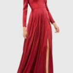 Ieena Mac Duggal 26613 Sz 10 Wine V Neck Long Sleeve Satin Gown