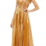 Mac Duggal Size 4 Gold 26609 Metallic Pleated Maxi Gown Dress Cocktail Prom NWT