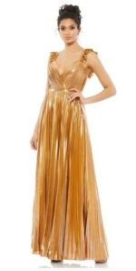 Mac Duggal Size 4 Gold 26609 Metallic Pleated Maxi Gown Dress Cocktail Prom NWT