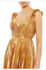 Mac Duggal Size 4 Gold 26609 Metallic Pleated Maxi Gown Dress Cocktail Prom NWT - Image 3