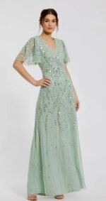 Mac Duggal 35109 Sz 14 Sage Green Flutter Sleeve Sequin Evening Gown