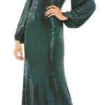 Mac Duggal 26576 Bottle Green Disco Stretch Blouson Sleeve Gown Size 10