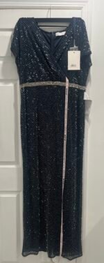 MAC DUGGAL 93678 Sz 16 Navy Beaded Short Sleeve Column Long Gown - Image 5