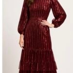 MAC DUGGAL Size 16 Burgundy 23003 LONG SLEEVE RUFFLE Tier SEQUIN Midi DRESS