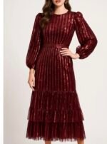 MAC DUGGAL Size 16 Burgundy 23003 LONG SLEEVE RUFFLE Tier SEQUIN Midi DRESS