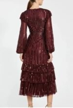 MAC DUGGAL Size 16 Burgundy 23003 LONG SLEEVE RUFFLE Tier SEQUIN Midi DRESS - Image 3