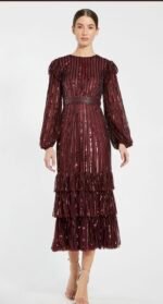MAC DUGGAL Size 16 Burgundy 23003 LONG SLEEVE RUFFLE Tier SEQUIN Midi DRESS - Image 4