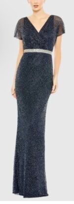 MAC DUGGAL 93678 Sz 16 Navy Beaded Short Sleeve Column Long Gown - Image 4