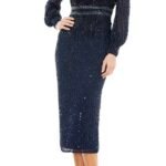 Mac Duggal 93593 Sz 16 Blue Sequin Beaded Waist Midi Sheath Dress