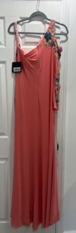 Mac Duggal 2204 Sz 8 One Shoulder LongSleeve Floral Embellished Gown Peach - Image 6