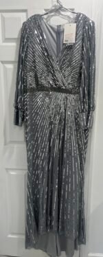 Mac Duggal 5501 Sz 20 Sequined Wrap Over Bishop Sleeve Gown Silver - Image 5