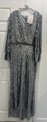 Mac Duggal 5501 Sz 20 Sequined Wrap Over Bishop Sleeve Gown Silver - Image 6