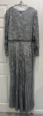 Mac Duggal 5501 Sz 20 Sequined Wrap Over Bishop Sleeve Gown Silver - Image 8