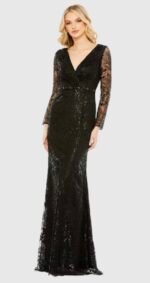 MAC DUGGAL 68016 20 EMBELLISHED WRAP OVER LONG SLEEVE BLACK  GOWN