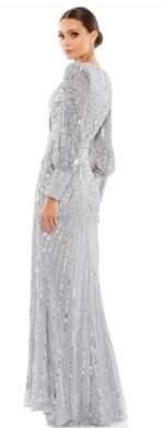 Mac Duggal 5501 Sz 20 Sequined Wrap Over Bishop Sleeve Gown Silver - Image 2