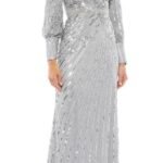Mac Duggal 5501 Sz 20 Sequined Wrap Over Bishop Sleeve Gown Silver