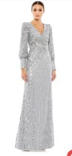 Mac Duggal 5501 Sz 20 Sequined Wrap Over Bishop Sleeve Gown Silver