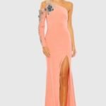 Mac Duggal 2204 Sz 8 One Shoulder LongSleeve Floral Embellished Gown Peach