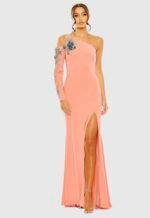 Mac Duggal 2204 Sz 8 One Shoulder LongSleeve Floral Embellished Gown Peach