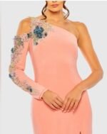 Mac Duggal 2204 Sz 8 One Shoulder LongSleeve Floral Embellished Gown Peach - Image 3