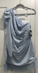 Ieena Mac Duggal 11440 Sz 12 Feather Trim One Shoulder Draped Mini Dress POD - Image 5