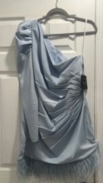 Ieena Mac Duggal 11440 Sz 12 Feather Trim One Shoulder Draped Mini Dress POD - Image 6