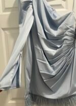 Ieena Mac Duggal 11440 Sz 12 Feather Trim One Shoulder Draped Mini Dress POD - Image 7