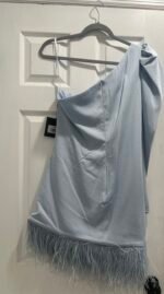 Ieena Mac Duggal 11440 Sz 12 Feather Trim One Shoulder Draped Mini Dress POD - Image 8