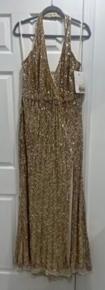 Mac Duggal 5759 Sequined Halter Strap Trumpet Gown Nude Gold Size 16 - Image 5