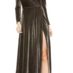 Mac Duggal 49088 Sz 10 Surplice V-Neck Metallic Jersey Gown, Black Gold
