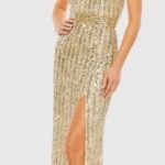 Mac Duggal 5759 Sequined Halter Strap Trumpet Gown Nude Gold Size 14