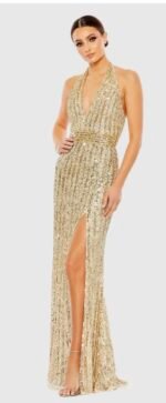 Mac Duggal 5759 Sequined Halter Strap Trumpet Gown Nude Gold Size 14