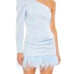 Ieena Mac Duggal 11440 Sz 12 Feather Trim One Shoulder Draped Mini Dress POD