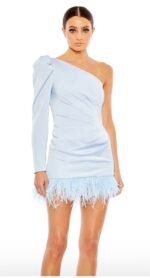 Ieena Mac Duggal 11440 Sz 12 Feather Trim One Shoulder Draped Mini Dress POD