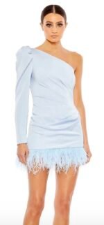 Ieena Mac Duggal 11440 Sz 12 Feather Trim One Shoulder Draped Mini Dress POD - Image 3