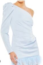Ieena Mac Duggal 11440 Sz 12 Feather Trim One Shoulder Draped Mini Dress POD - Image 4