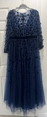 Mac Duggal 68440 Women's Floral Applique Long Sleeve A-Line Gown Sz 14W Midnight - Image 6