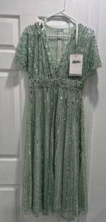Mac Duggal 14007 Sz 6 Sag Green Embellished Short Sleeve Empire Waist MIDI Dress - Image 4