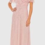 Mac Duggal 35116 Sz 12 Rose Pink Beaded Wrap Over Butterfly Sleeve MIDI Dress