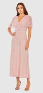 Mac Duggal 35116 Sz 12 Rose Pink Beaded Wrap Over Butterfly Sleeve MIDI Dress