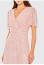 Mac Duggal 35116 Sz 12 Rose Pink Beaded Wrap Over Butterfly Sleeve MIDI Dress - Image 3